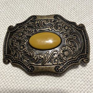 Brass Enamel Amber Yellow Jewel Belt Buckle Western Cowboy Textured EUC Vintage